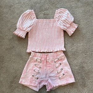 Habitual Kids Pink Striped Puff Sleeve Top and Lace-Up Shorts Set